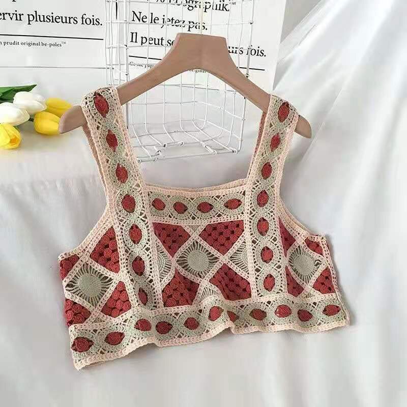 Patchwork cropped top dametøj strikket hul camisole kvindetøj rygløse blondetoppe dame tank-top sommer