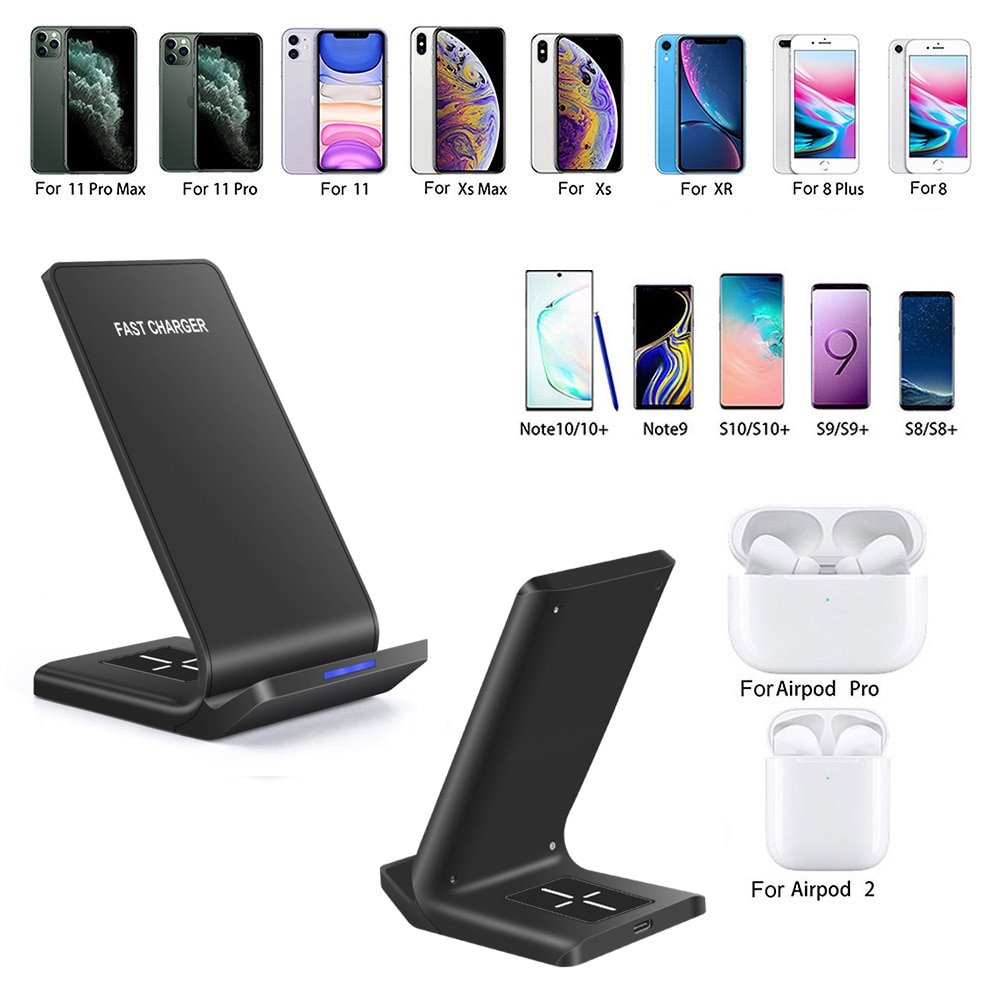 2 in 1 15W Qi Dual Wireless Charger For iPhone 11 XS XR X 8 Airpods Pro Samsung S20 S10 S9 Type C Fast Induction Charging Stand