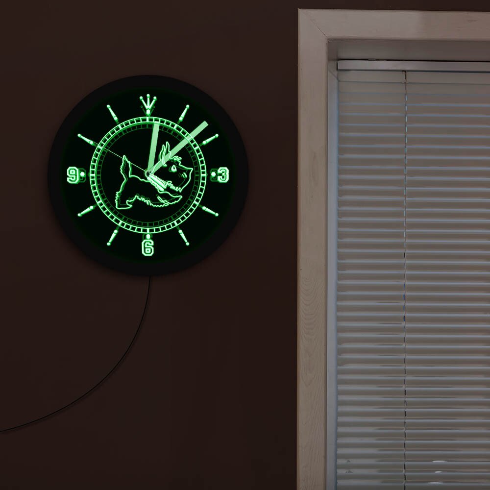 Reloj de pared con señal LED de neón para decoración del hogar, iluminación de ambiente Retro luminosa de Terrier escocés, de razas de perros, modelo Scottie Dog