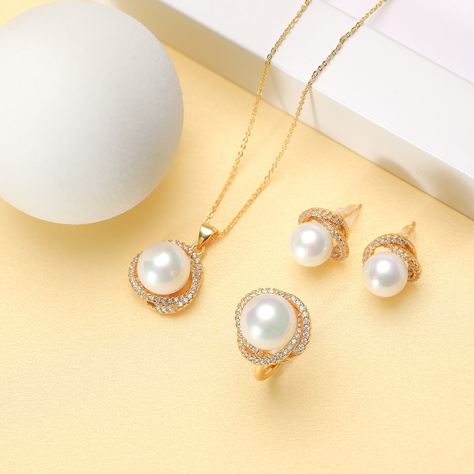 South sea shell perle guld smykker til kvinder sæt halskæde øreringe ring med zirkon fest fødselsdag bryllup: Hvidt guld