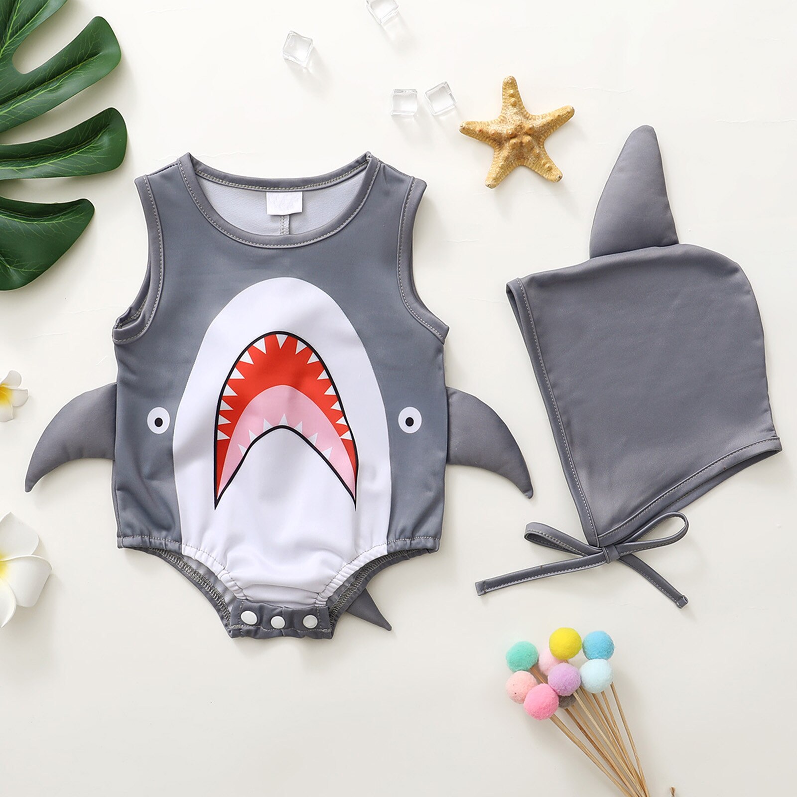 Dessin animé Requin Maillot De Bain Imprimé Tenues -Né Garçons Filles Maillot de bain Enfant En Bas Âge Bébé Maillot de bain Une Pièce Chapeau Ensembles Maillot de Bain