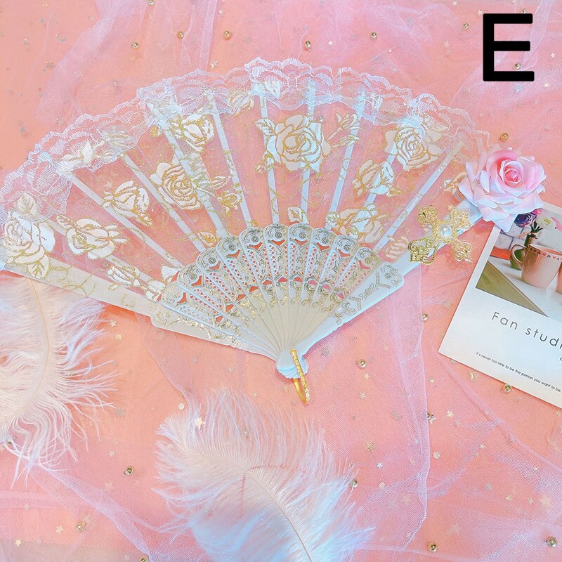 Lolita – éventail pliable en dentelle Rose, Style rétro européen, Style gothique foncé, pour danse de cour, , décoration de fête de mariage: E