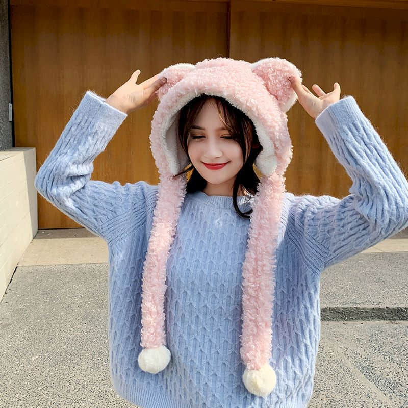 Female hat wild winter warm round face big face thinner hat scarf one Sweet and cute kawaii Bear ears Plush ball Matte: pink 01