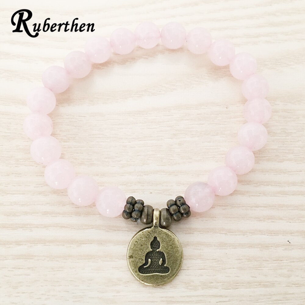 Ruberthen véritable naturel Rose pierre Bracelet Antique en laiton Om Lotus Bracelet à breloques Yogi