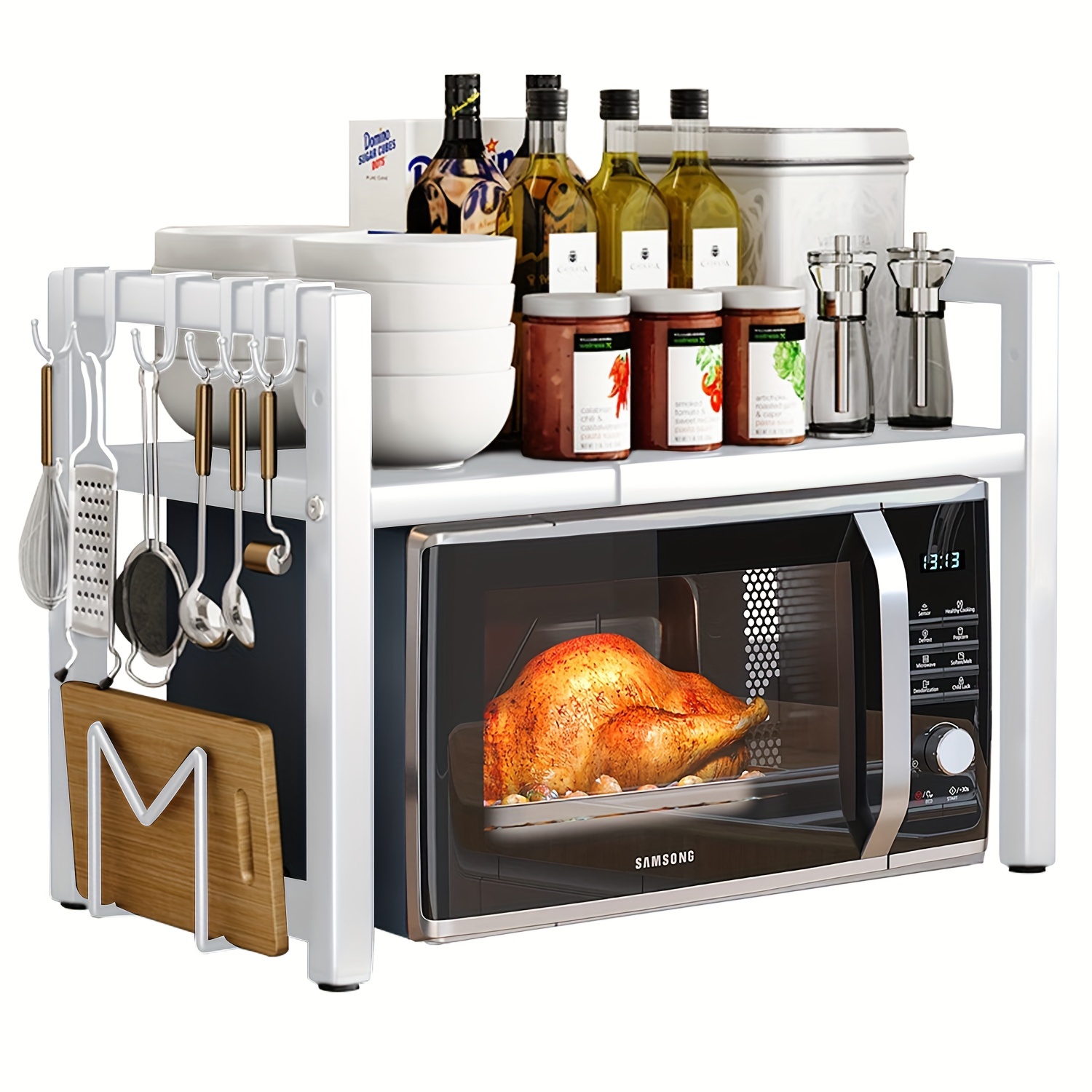 Utvidbar hylle til mikrobølgeovn, holder til mikrobølgeovn med 6 kroker, oppbevaringsstativ til kjøkken, stekestativ til mikrobølgeovn, utvidbar 40-64cm