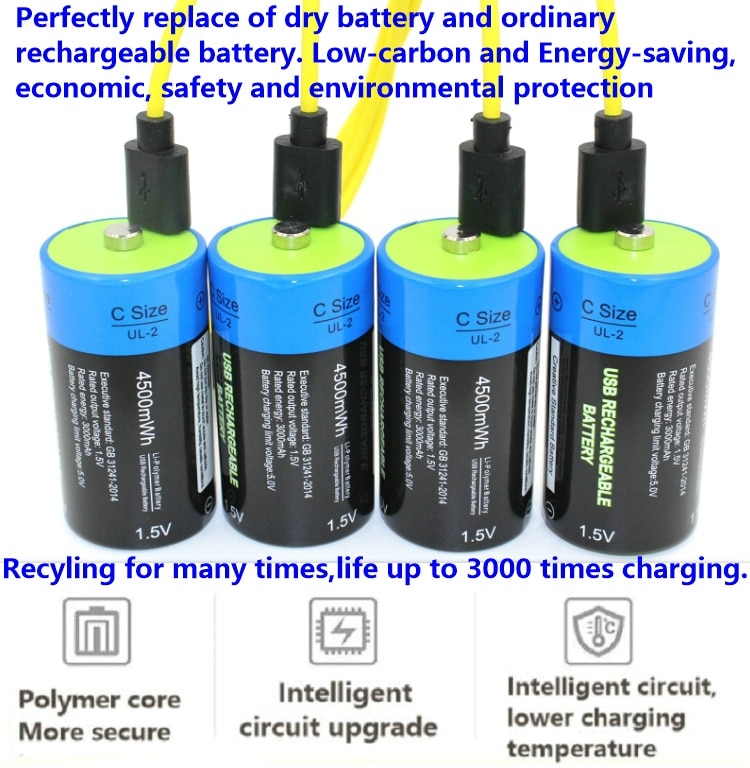 Etinesan 1.5V C 4500mWh li-polymer li-po rechargeable lithium li-ion powerful USB battery