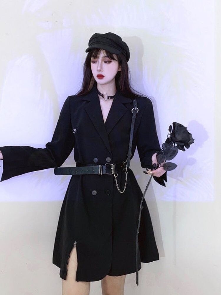 Vestido de chaqueta negra para mujer, traje coreano Harajuku Vintage, Blazer, vestidos de verano para mujer, ropa de oficina, Cosplay gótico, 2022