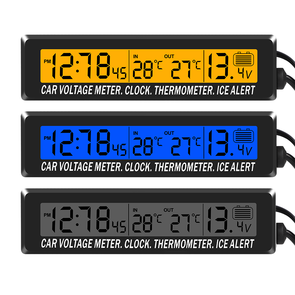 Horloge Numérique LCD Voiture - Thermomètre, Hygromètre, Météo - Rétro-éclairage Activé Par Le Son - Noir