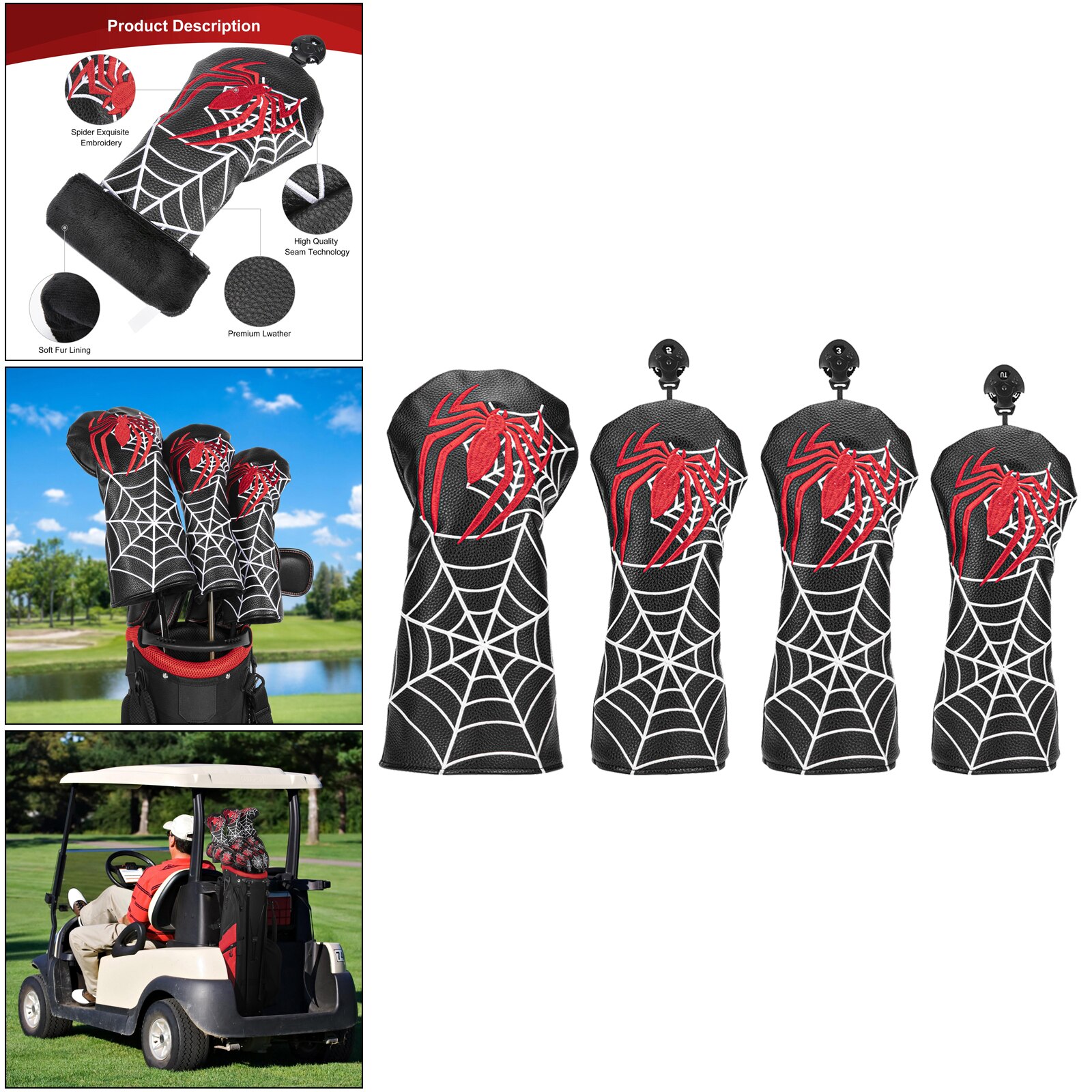 Golf Club Head Cover Spider Borduurwerk #1 #3 #5 Ut Woods Pu Lederen Headcovers Voor Driver Fairway hybrid, stofdichte Bescherming