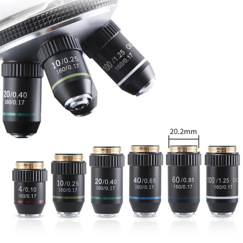 195 Achromatic Objective Lens 4X 10X 20X 40X 60X 100X for Biological Microscope RMS 20.2mm Optical Microscope Parts