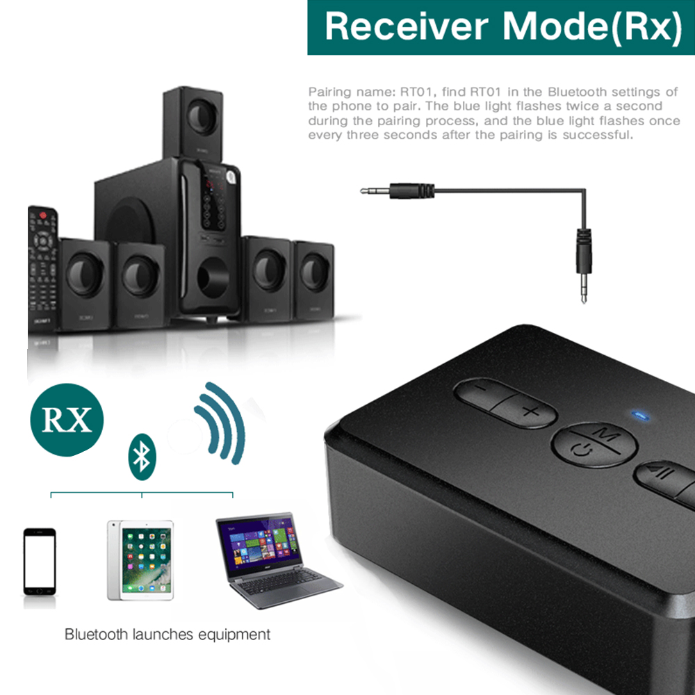 Bluetooth V5.0 Audio Bluetooth Receiver Transmitter 2 in 1 Stereo Dual Channel RCA Port + AUX with 400mAh Large Battery