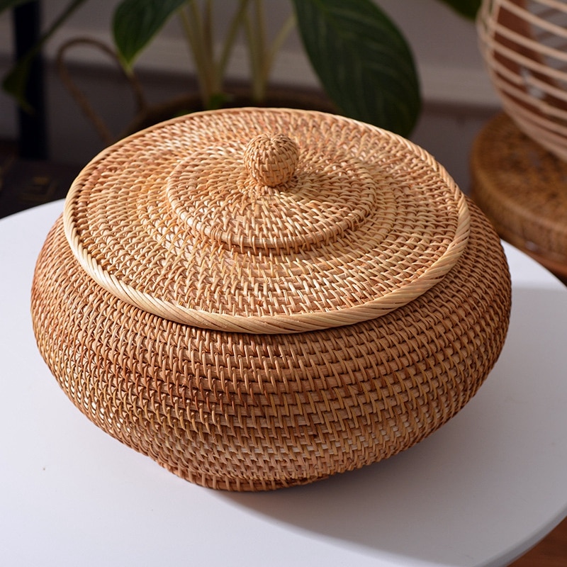 Boîtes rondes en rotin avec couvercle, tissé à la main, plateau en osier polyvalent, panier de rangement de Table à pain, pique-nique 11 pouces panier osier