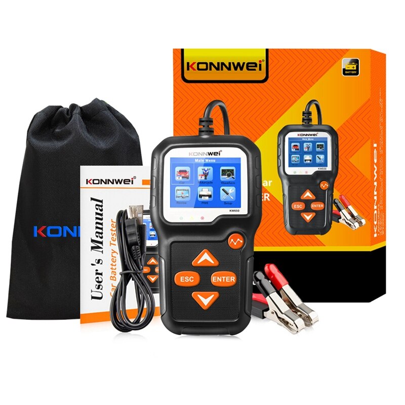 Probador de batería de coche KONNWEI KW650 6-16V Analizador de sistema de batería de motocicleta de coche 100-2000CCA Carga de coche herramienta de diagnóstico de arranque