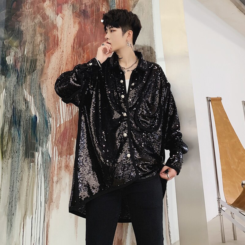 Autumn personality sequins Korean men's loose long-sleeved shirt nightclub bar dj singer costume coat