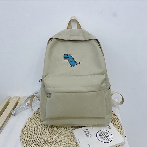 Coreano lona mochila estudante para meninas adolescentes mochila de viagem grande capacidade bonito dos desenhos animados dinossauro imprimir mochila casual: gray