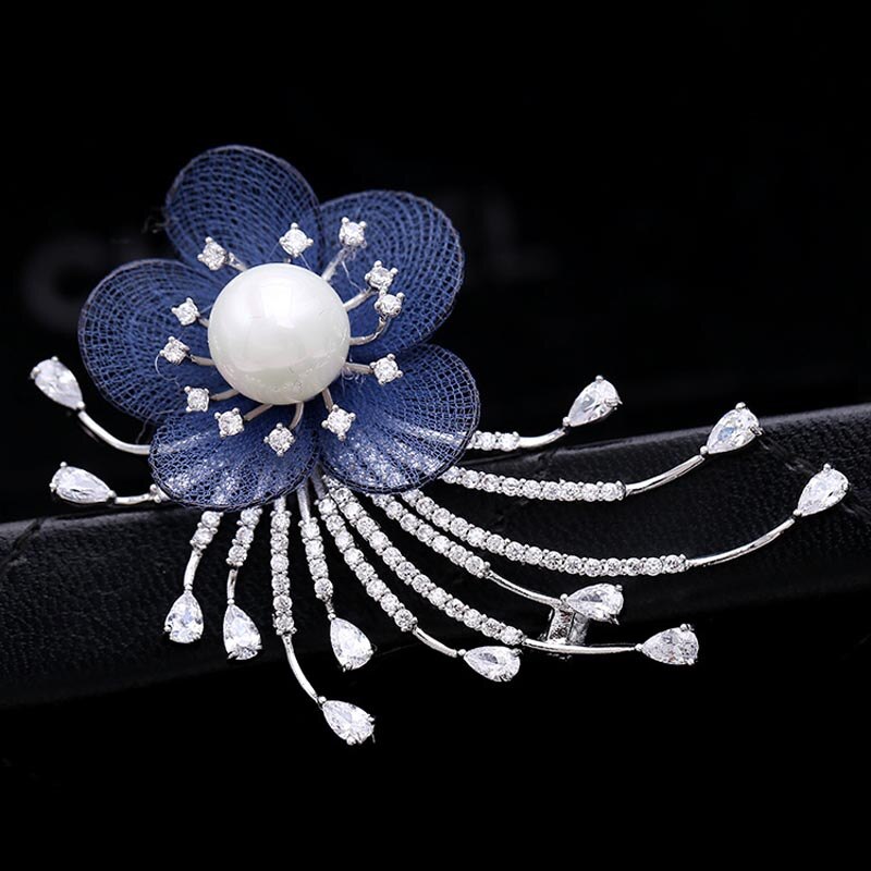 RED TREES Dress Brooch for Women - Plant Shape with Zircon & Pearl - Sterling Silver Alloy