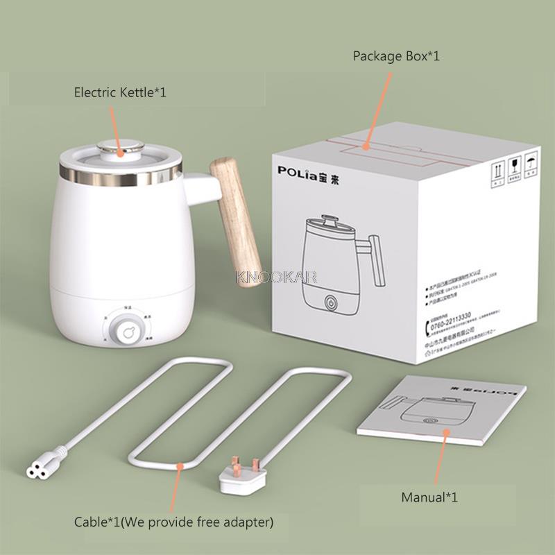 Tetera eléctrica portátil de acero inoxidable, 400ML, 200W, calentador instantáneo, tetera térmica para viaje y oficina: White(Wooden Handle) / EU
