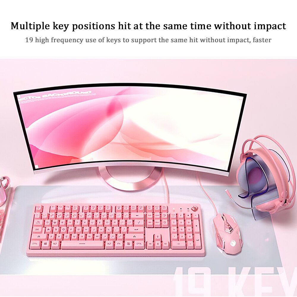 Mouse Keyboard Kit Mechanical Gaming Keyboard Wired Mouse Headphone with Microphone Breathing Light for PC Computer Laptop Pink