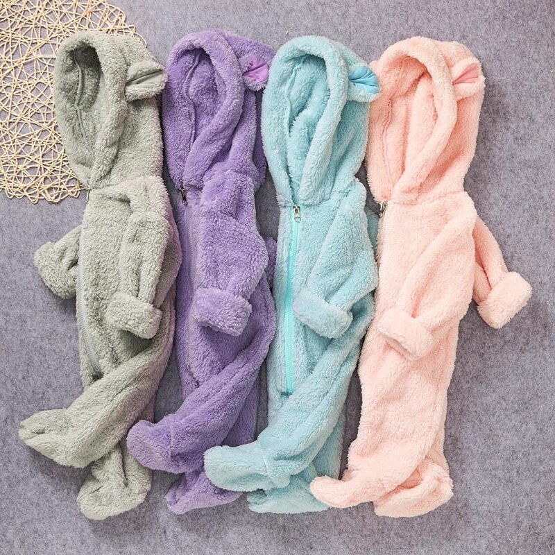 Baby Winter Jumpsuit Mooie Lange Mouwen Fleece Hooded Romper Solid Uitloper Pyjama Stijl Voor Baby Meisjes Jongens 0-2Y