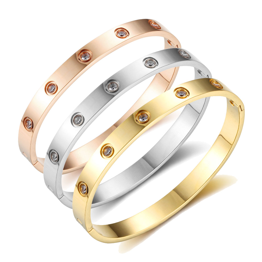 Pulseras de tornillo para amantes de las mujeres pulseras y brazaletes de acero inoxidable piedra de cristal 3 colores mujer joyería (BA101759)