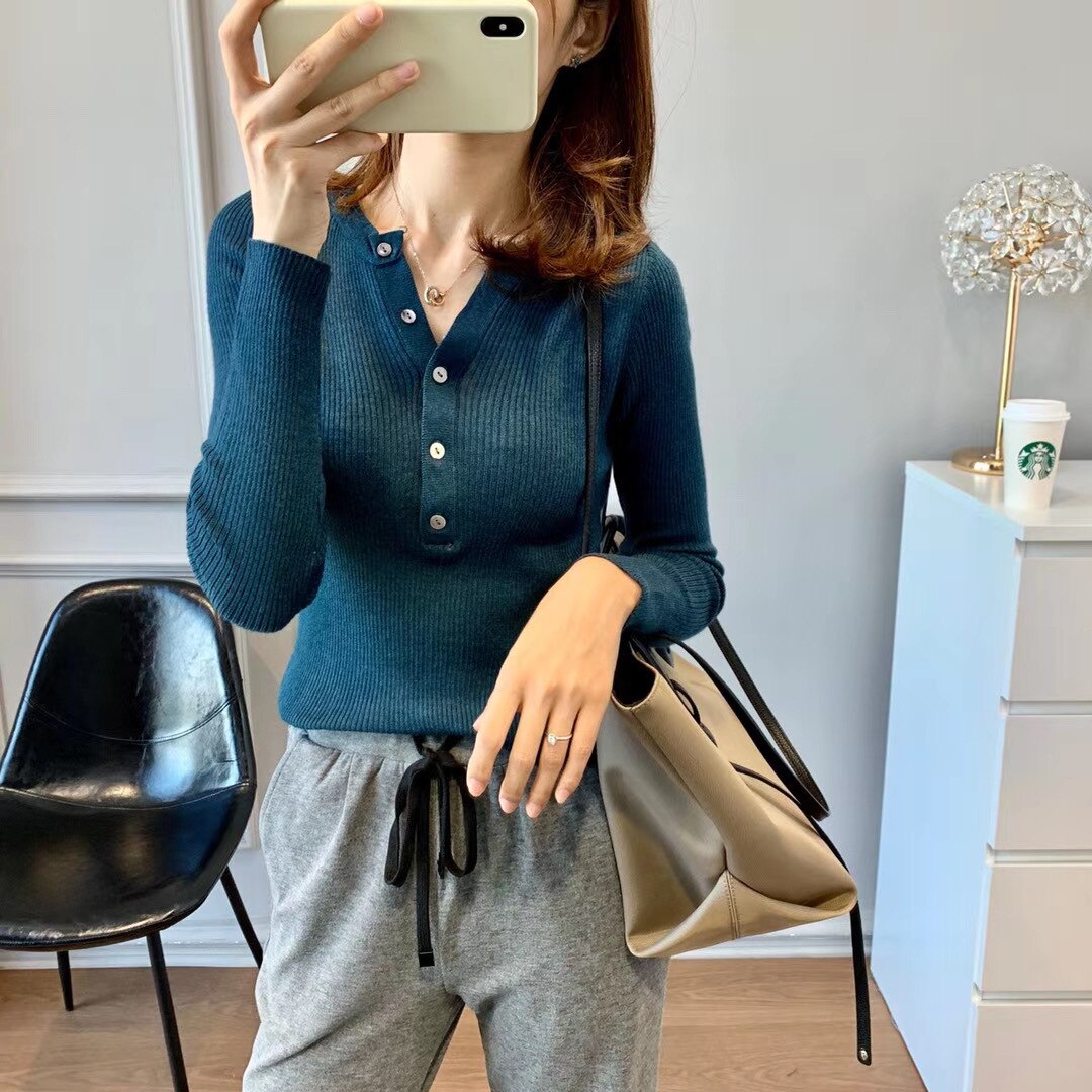 Wol Henley Trui Rib Gebreide Truien Vrouwen Basic Trui Tops: Blauw