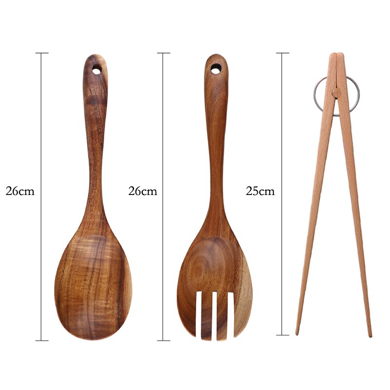 Salad Server Large Wood Spoon Fork Set Wooden Tongs Spoon Serving Set Soup Ladle Kitchen Cooking Spoons Wooden Cooking Utensils: 3 Piece Serving Set