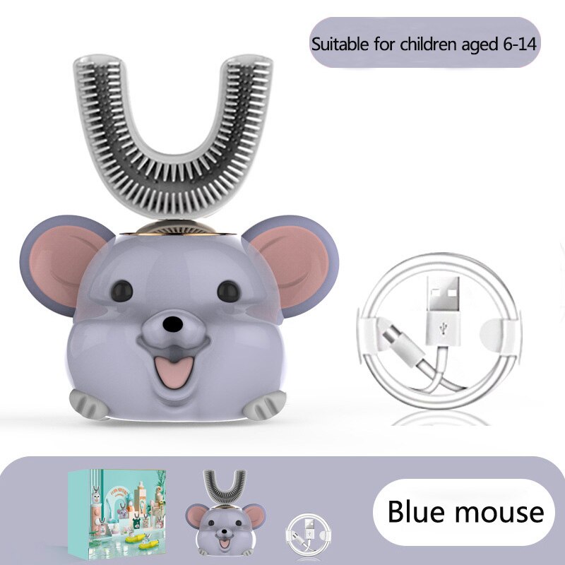 U Shape Smart 360 Angle Cartoon Teeth Cleaner Electric Toothbrush for Kids 2-6Y Teether Automatic Ultrasonic Teether Waterproof: gray M 6-14 years