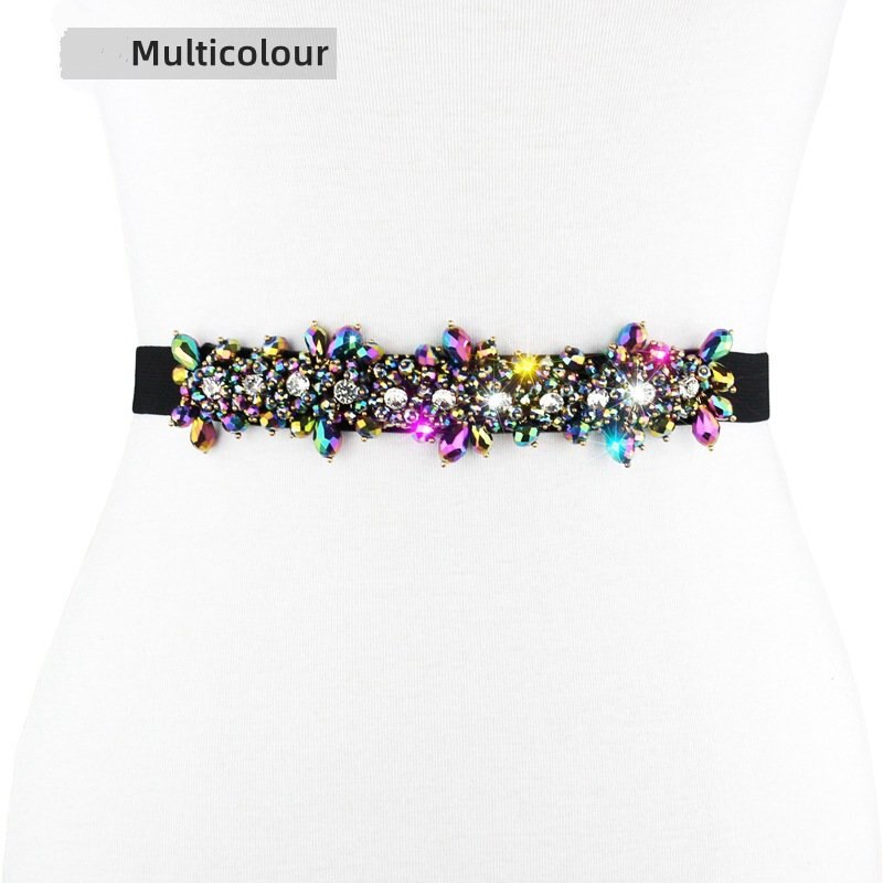 Frauen Klassische Elegante Breite Elastische strecken Taille Band mit Dekorative Strass Perlen Blume Taille Gürtel Bund B68: MULTI