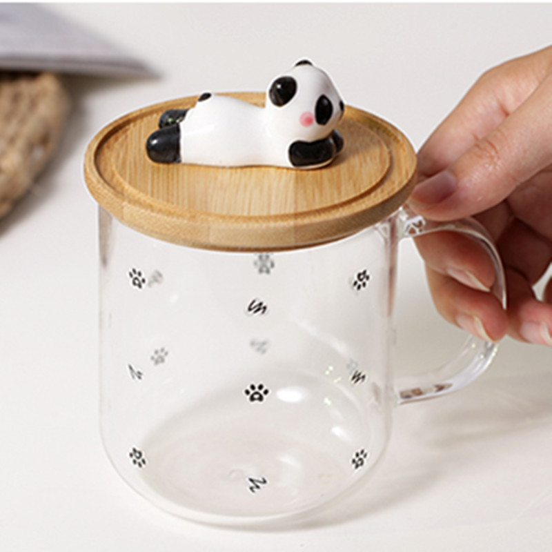 Vaso transparente de Panda travieso con mango de tapa 3D vidrio de dibujos animados resistente a altas temperaturas borosilicato hogar taza de jugo de té