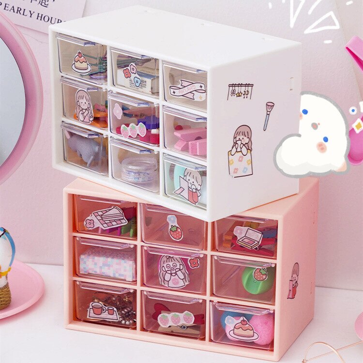 Ph.D Kawaii White/Pink 9 Grid ABS Drawer Desktop Organizer Desk Storage Box Free Sticker School Stationery Accessories