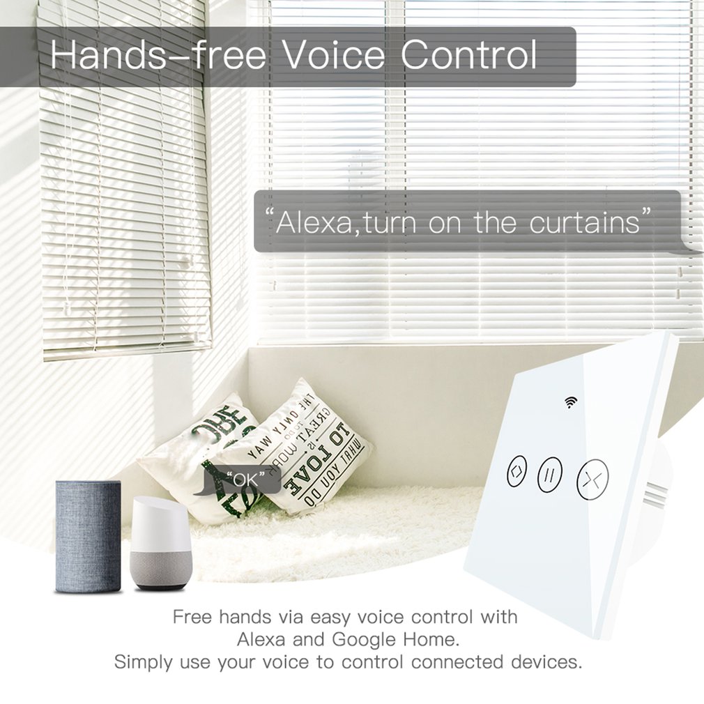 WiFi-rf Smart Touch Curtain switch, Blinds Roller Shutter door Switch, RF remote control, multiple switches Alexa / / / White