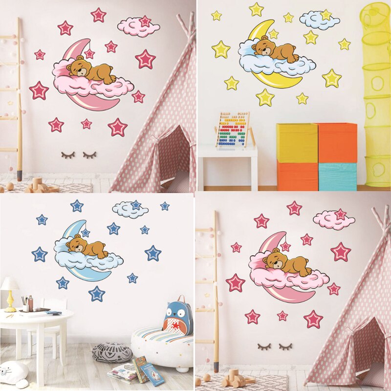 Sød månebjørn wallsticker baby børn stue vinyl mærkat sovende bjørn månestjerner &amp; måne aftageligt vægmaleri børnehave indretning