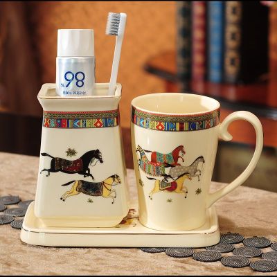 Juego de cerámica para baño, soporte y taza para cepillo de dientes, con bandeja, lavabo, par de cepillos de dientes eléctricos, 4 piezas: Style 10