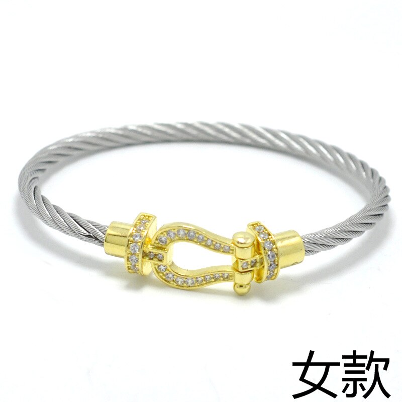 Titanium Steel Wire Rope Magnetic Buckle-encrusted Zircon Bracelet: Silver Gold Women