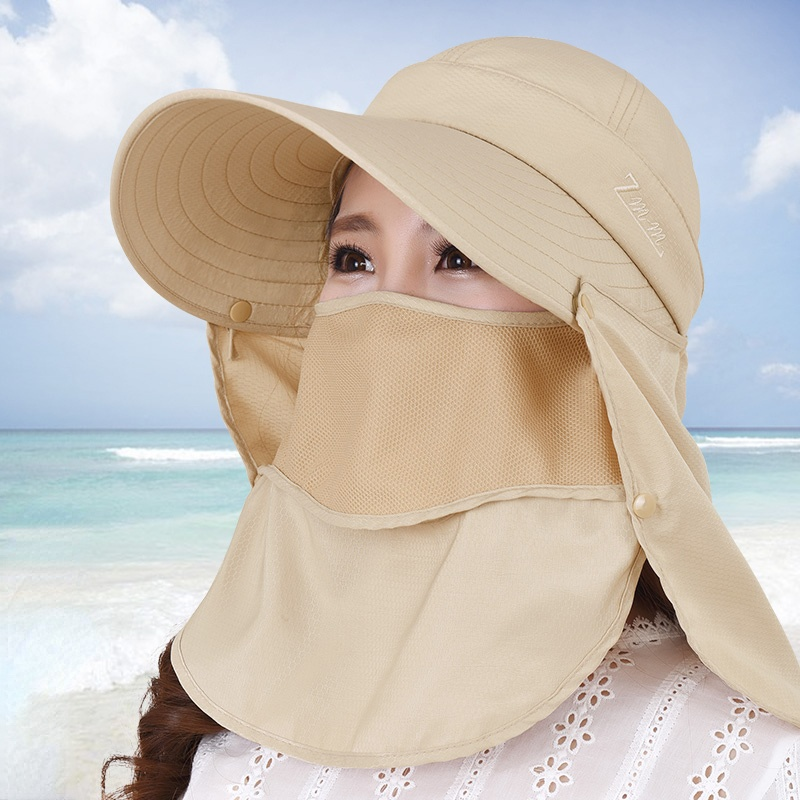 Sun hat female summer face protection sun hat cover face anti-ultraviolet sun hat big edge cycling face protection neck cap: Khaki