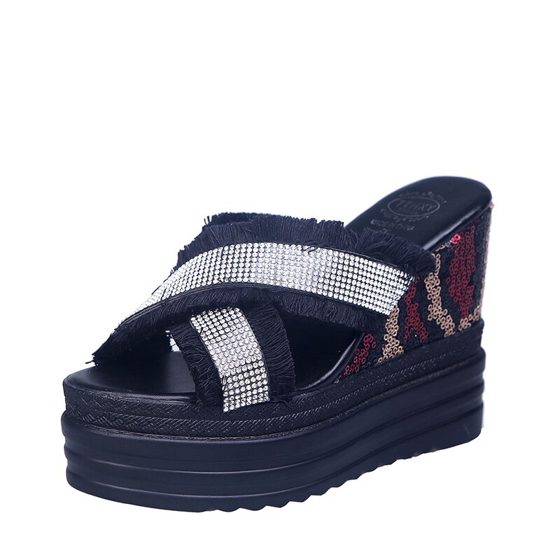 Rimocy Women Wedges Sandals Platform with Crystal Ripped Cross Strap Slippers Summer Super High Heels Slides Shoes Woman: Black / 36