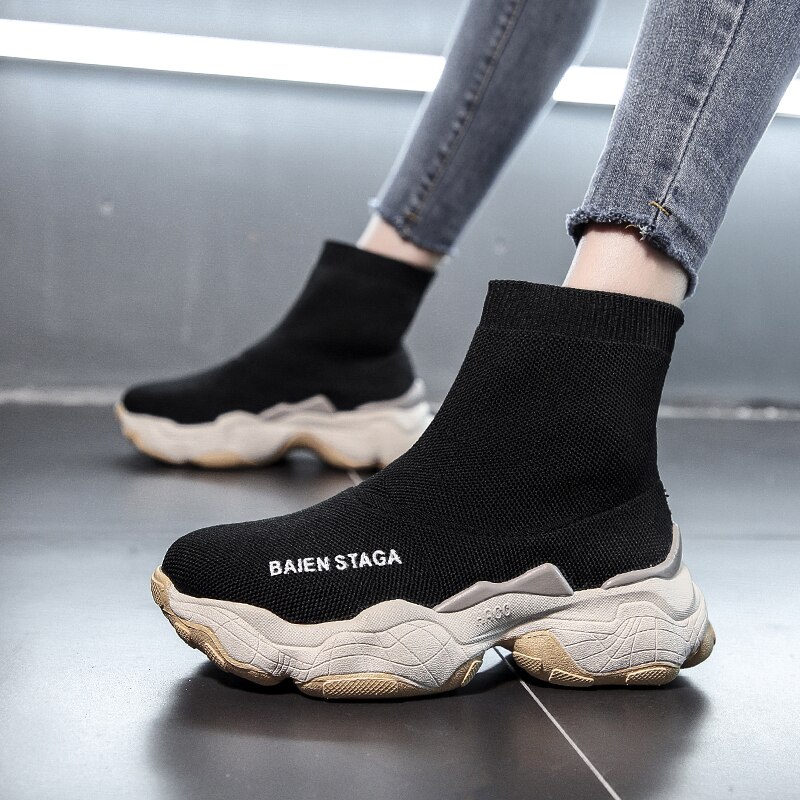 Kvinder høje strømpesko chunky sneakers slip-on dame platform fritidssko kvinde støvler hvide efterår kvinder sko