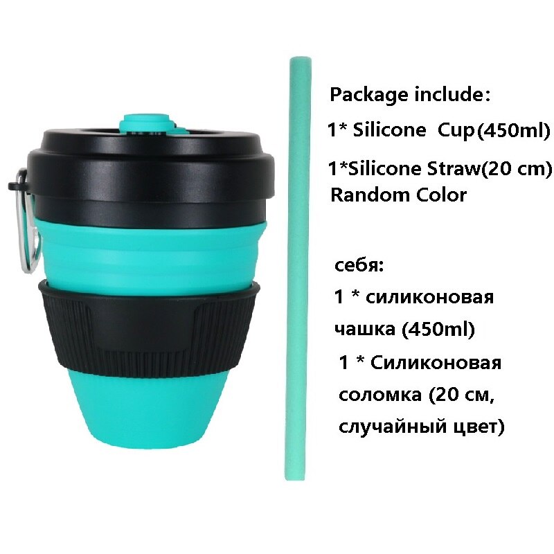 450Ml Siliconen Inklapbare Cup Handig Reizen Koffie Mok Draagbare Herbruikbare Sport Fles Met Deksels Uitbreidbaar Drinkbeker: BlackMint