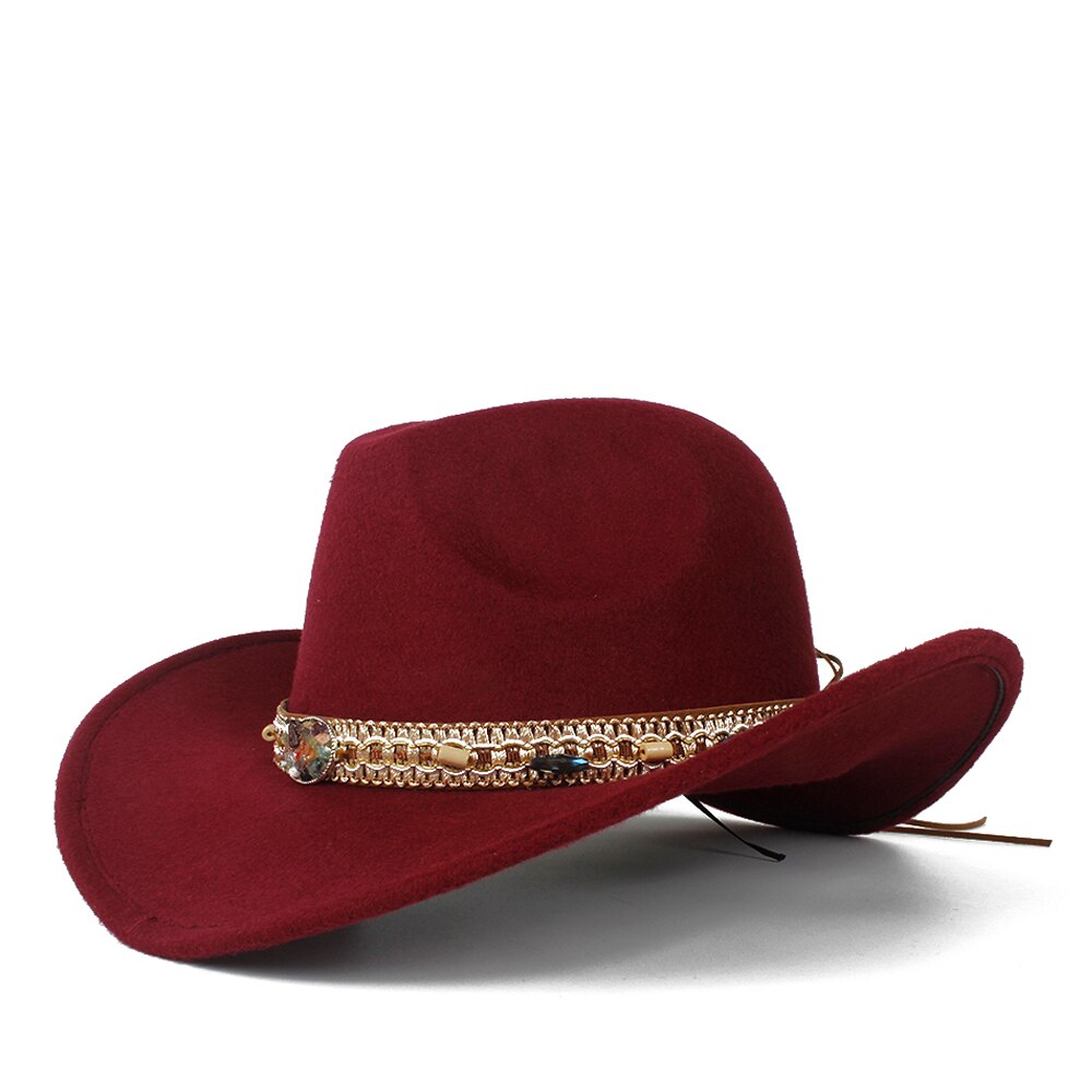 Sombrero de lana ahuecado para hombres y mujeres, Sombrero de cowboy del Oeste, ala enrollable para mujer, Sombrero negro para Hombre, gorra de Jazz, talla 56-58: Wine red