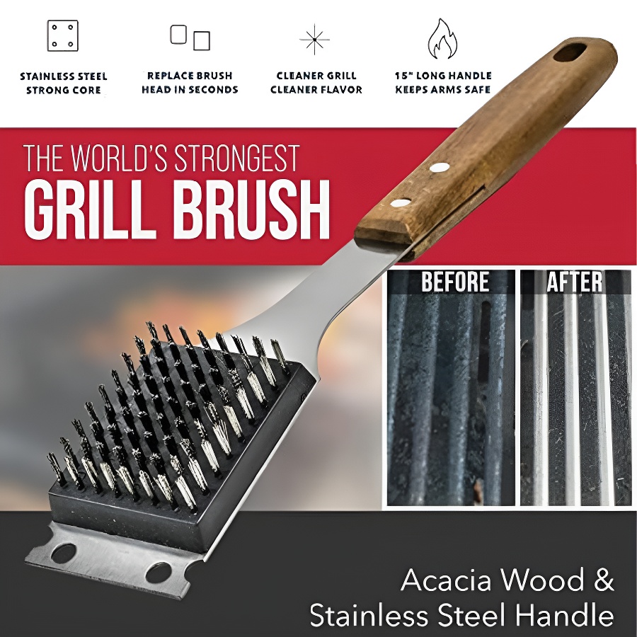 BBQ Grill Brush 304 Stainless Steel – Grill Brush for Outdoor Grill with Extended,Large Wooden Handle Cleaning Brush