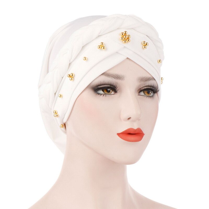 Kvinnor muslimska turban keps enfärgad bandanas pärlstav fläta pärlor dekor hatt: 2