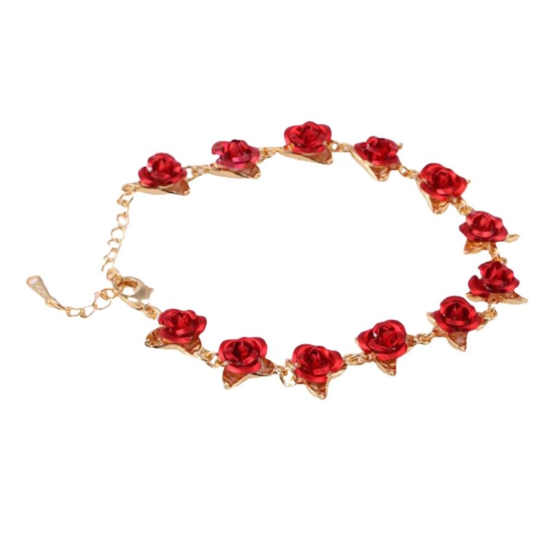 22cm Rose Gold Color Link Chain Romantic Bracelet With Red Enamel Rose Jewelry Valentine For Lover: gold color