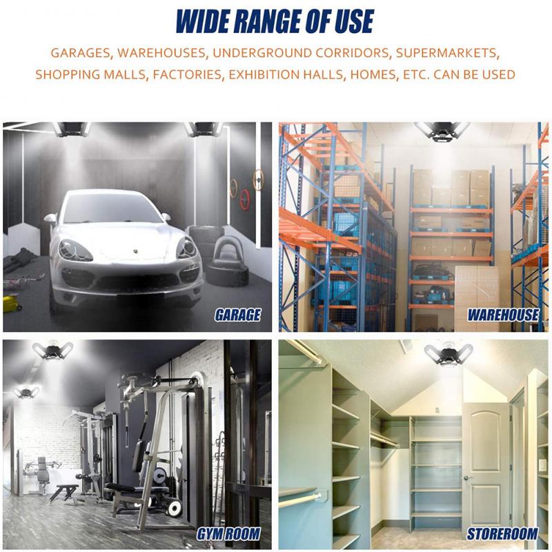 E26 80W Motion Activated Ceiling Light 8000LM AC85-265V LED Deformable Garage Light Lamps High Bay Light For Warehouses Workshop