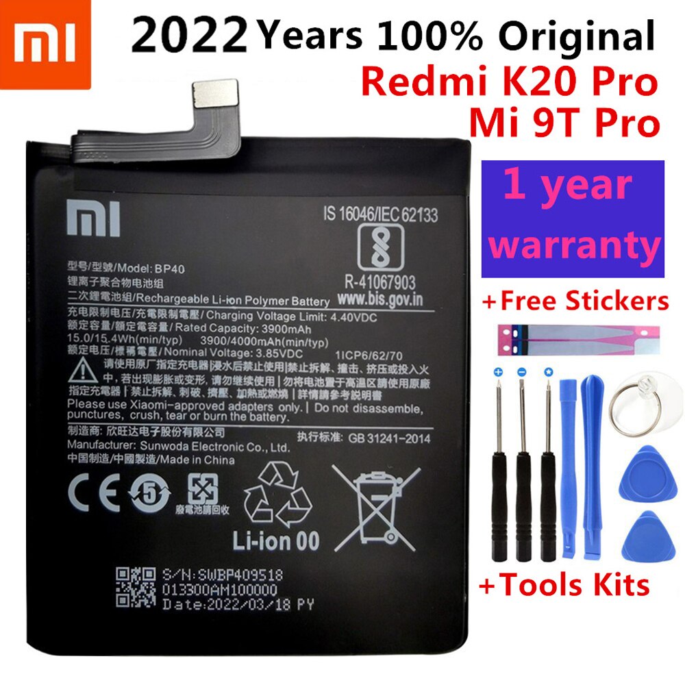 100% Original Battery For Xiaomi Redmi K20 Pro / Mi 9T Pro 3900mAh BP40 Replacement Li-ion Polymer Phone Battery Repair Parts