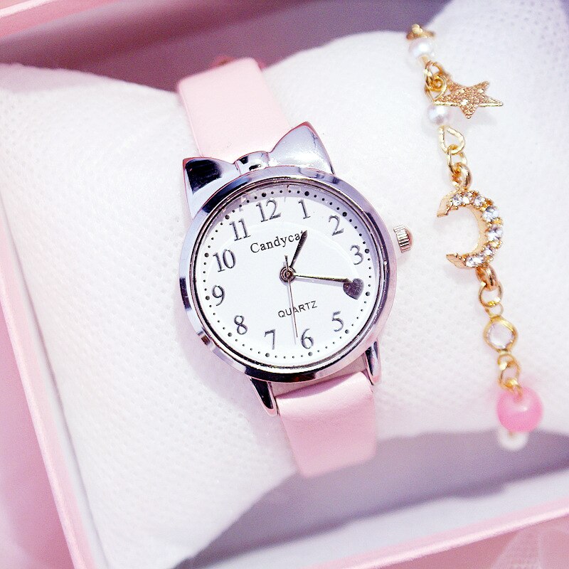 Miss chat noir montre à Quartz femmes bracelet en cuir décontracté montres filles mignon chat cadran forme rose montre-bracelet: D