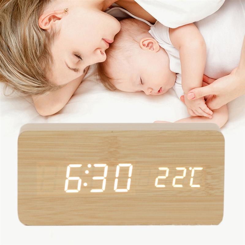 Réveil en bois à LED, thermomètre numérique, horloge électronique de bureau, alimenté par USB/AAA, décoration de Table