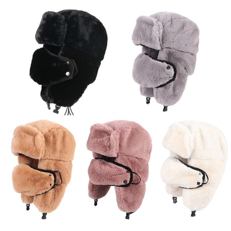 Women Winter Fluffy Plush Russian Ushanka Hat Outdoor Cycling Windproof Thermal Warm Trooper Cap with Face Mask Ear Flap
