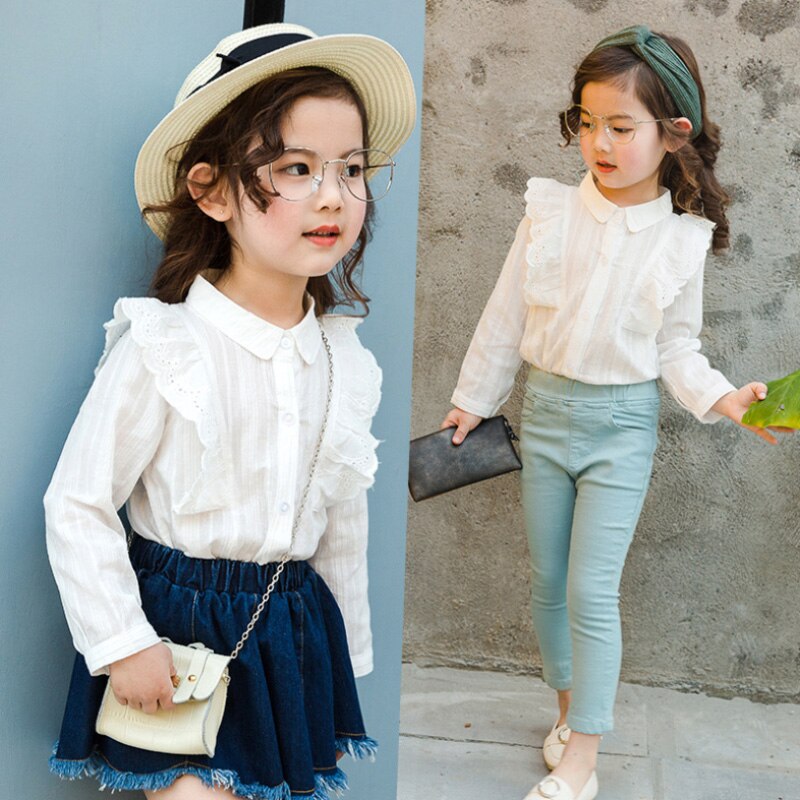 White Blouses For Girls Lace Kids Girls Clothes Long Sleeve Spring Turn-down Collar Child School Blouse Children Shirts
