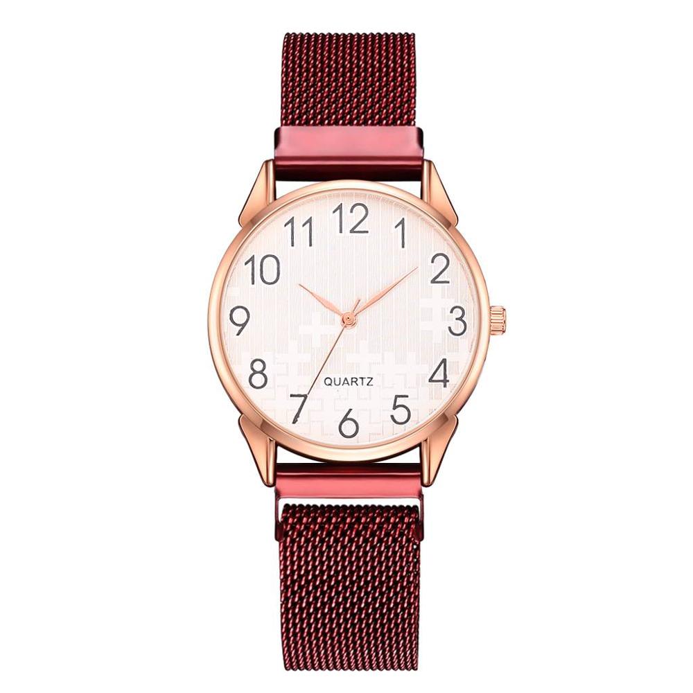 Ensemble de 2 montres pour femmes avec bracelet en maille magnétique et aimant en or, montres à quartz à chiffres arabes pour femmes: Rouge