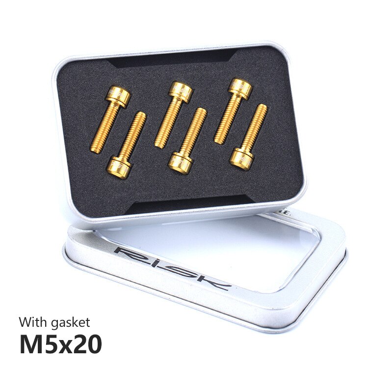 RISK-Tornillos para eje para ciclismo, accesorios de titanio/M5x20mm con arandela, para eje de dirección de bicicleta de montaña, ultraligeros, 6 uds.: M5x20 Golden Washer